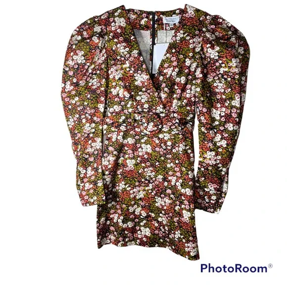 & Other Stories Extra Puff Sleeves Mini Dress Floral Pink Black Size 0 NWT - Picture 5 of 13